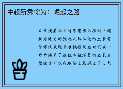 中超新秀徐为：崛起之路